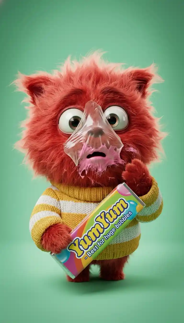 Flauschiges rotes Monster mit Kaugummi und gestreiftem Pullover