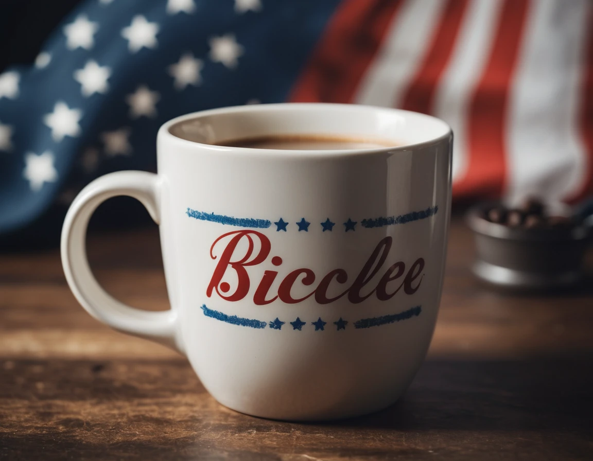 Coffee poured from french press into patriotic american mug
