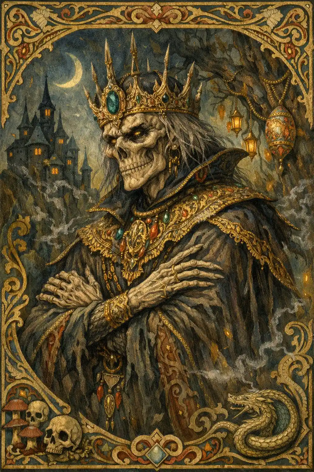 Russian fairy tale sorcerer with crossed arms in profile