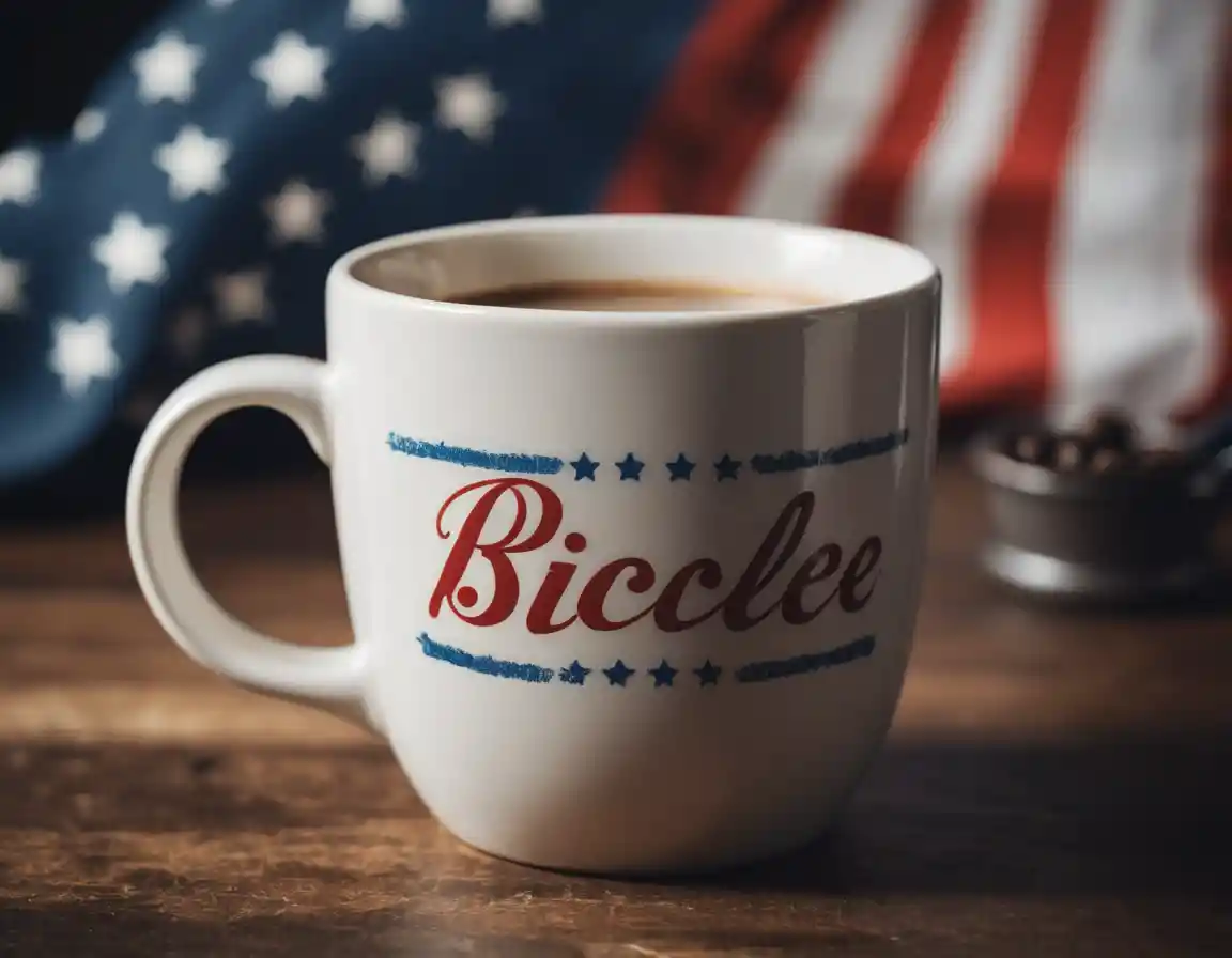 Kaffee wird aus der French Press in eine patriotische amerikanische Tasse gegossen