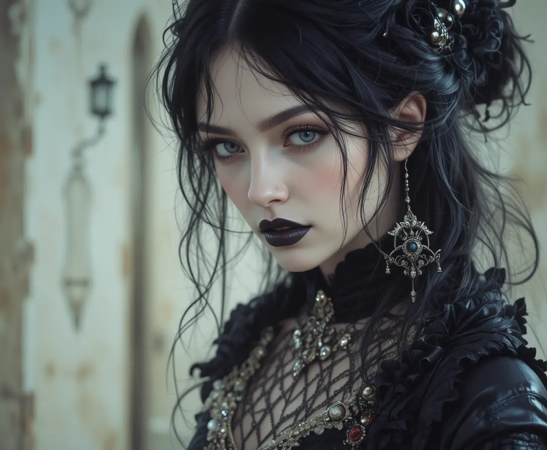 Barda gotica malinconica con corsetto scuro e strumento