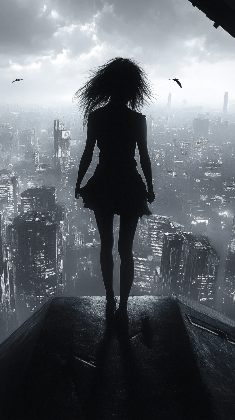 Girl on a rooftop ledge above a vast futuristic city