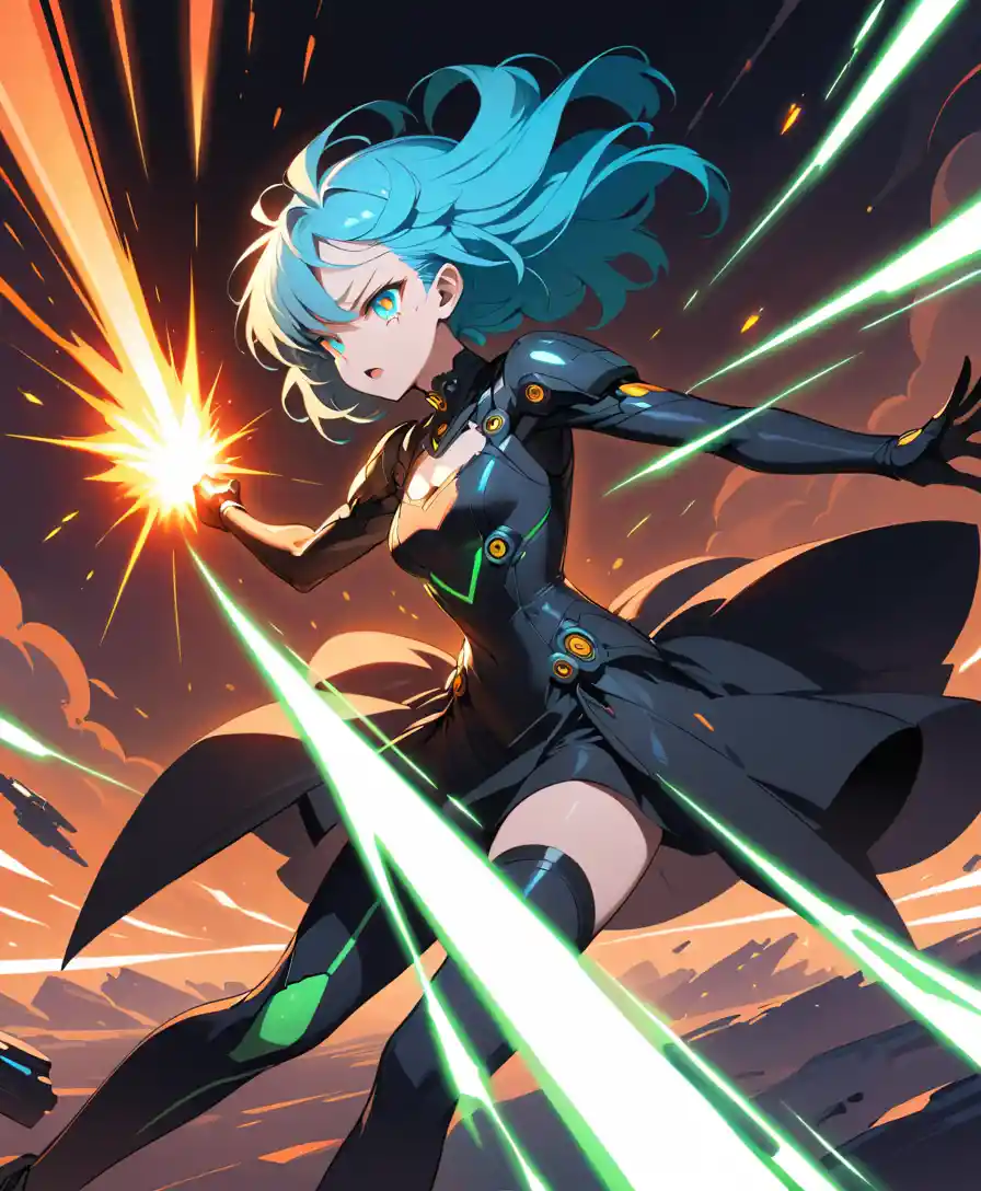 Anime girl firing a massive sci fi gun in green smoke
