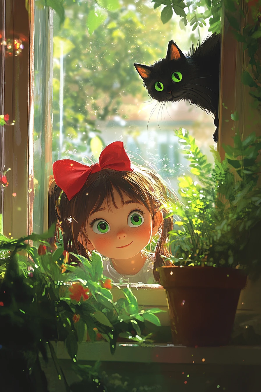 Niña con lazo rojo asomándose por una ventana soleada
