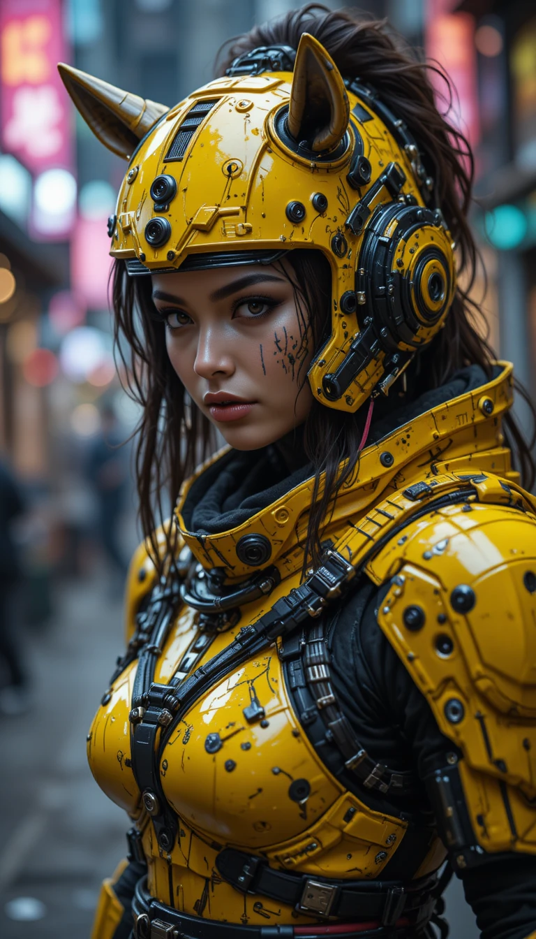Cyberpunk-Nashorn-Göttin und Kriegerin in Neonrüstung