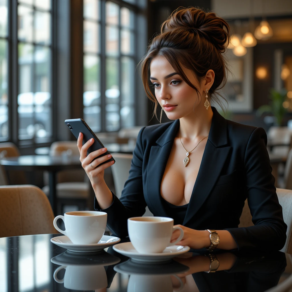 Elegant woman with smartphone at cafe table