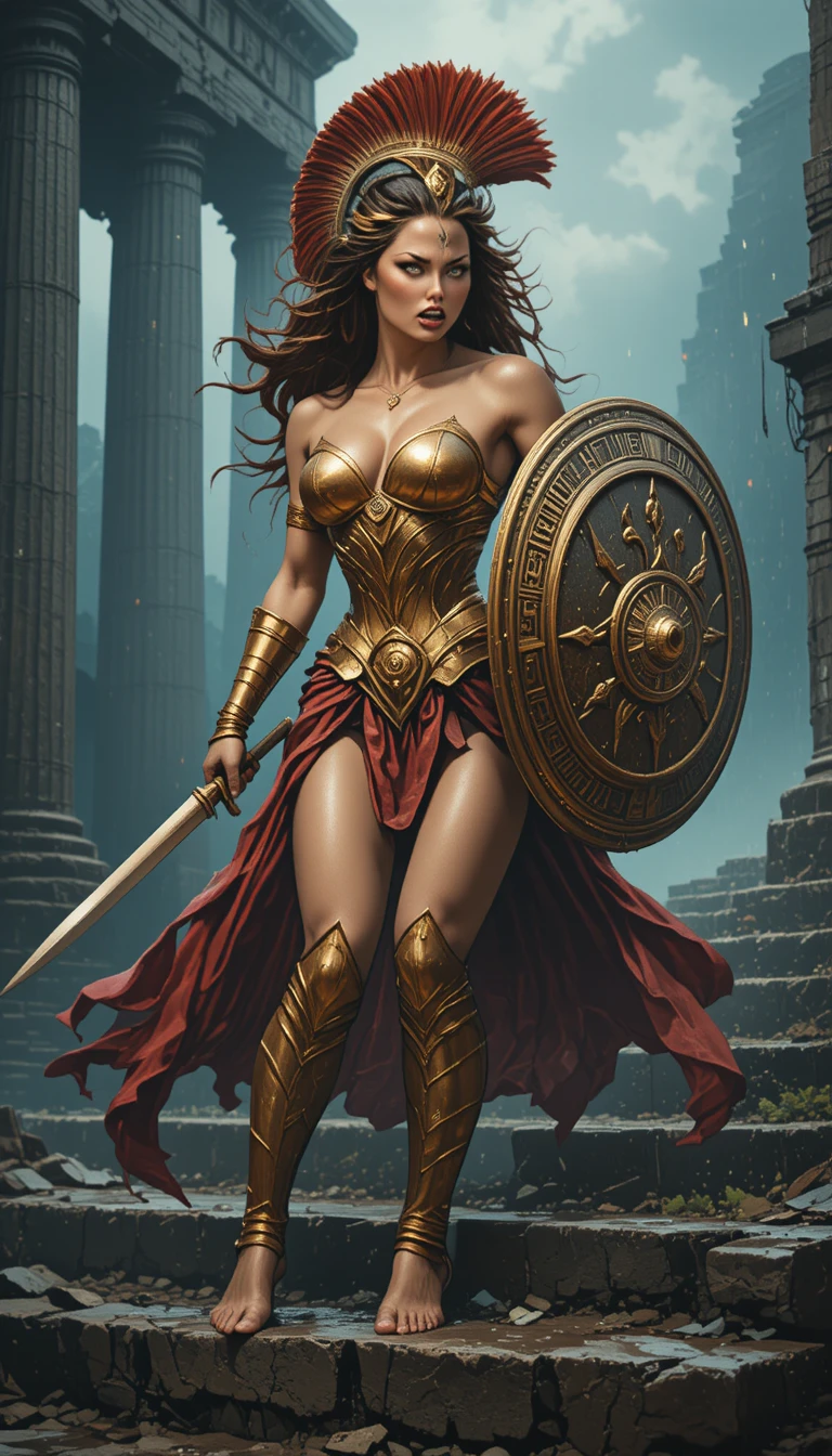 Fierce female spartan warrior in misty ancient ruins