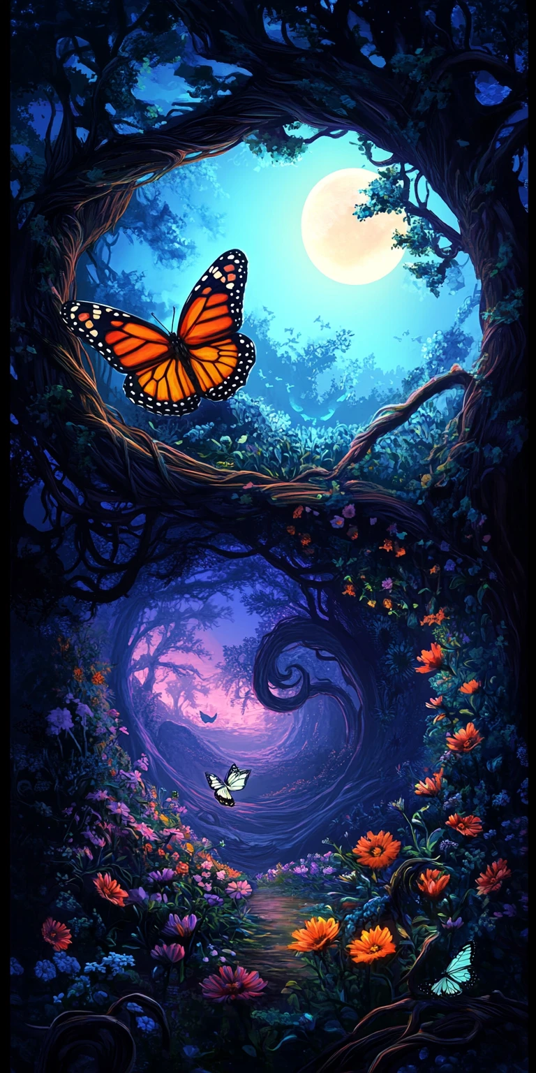Mystical butterfly in a twilight fantasy forest diptych