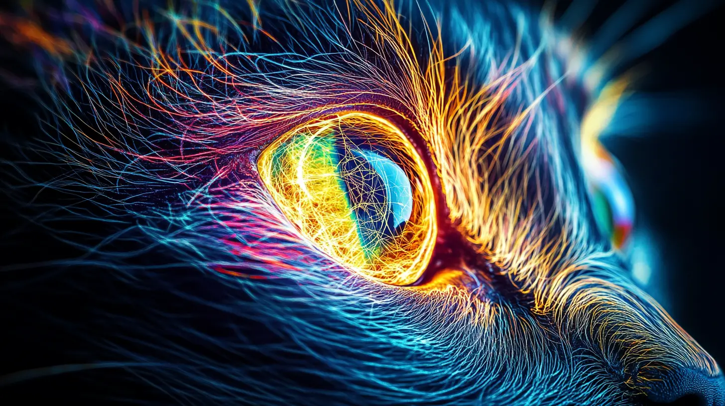 Double exposure neon cat eye portrait on black background
