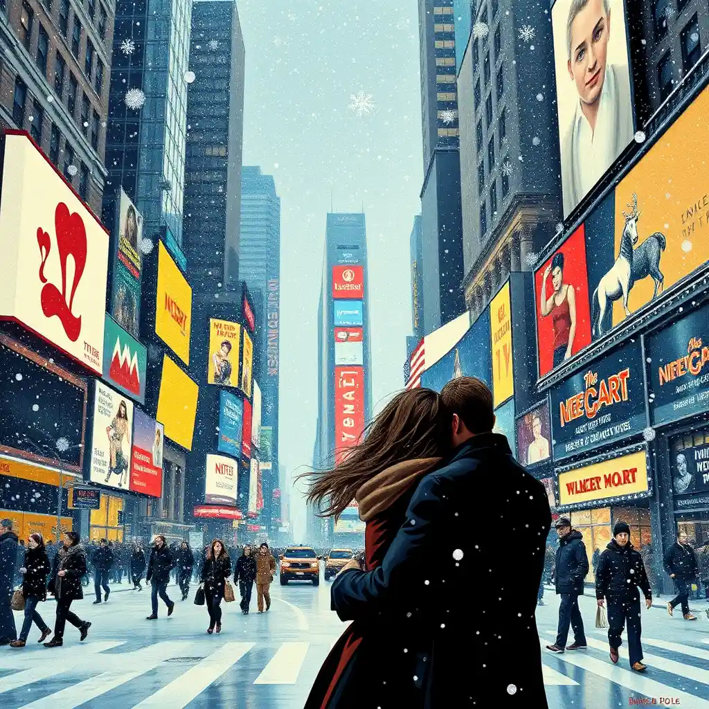 Embracing couple in a snowy Times Square city blizzard