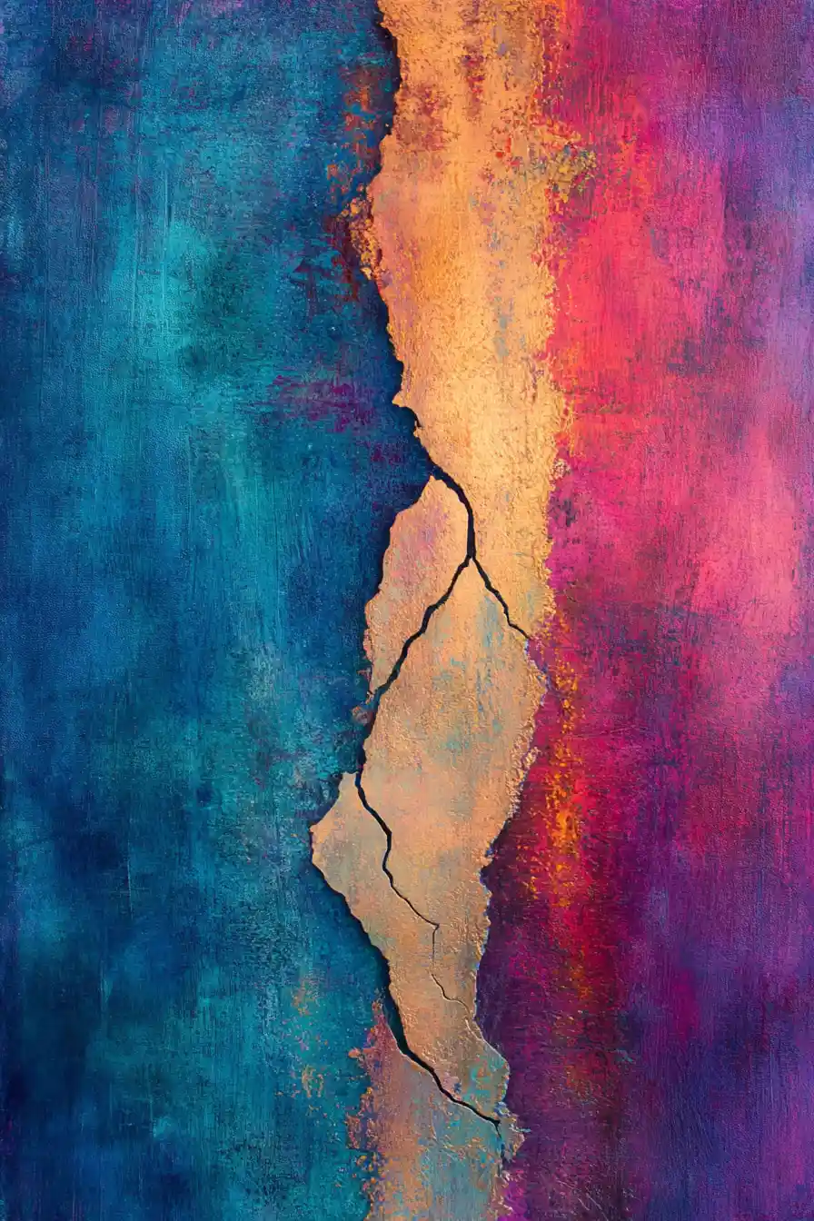 Amor surreal inspirado em kintsugi contra uma névoa índigo abstrata