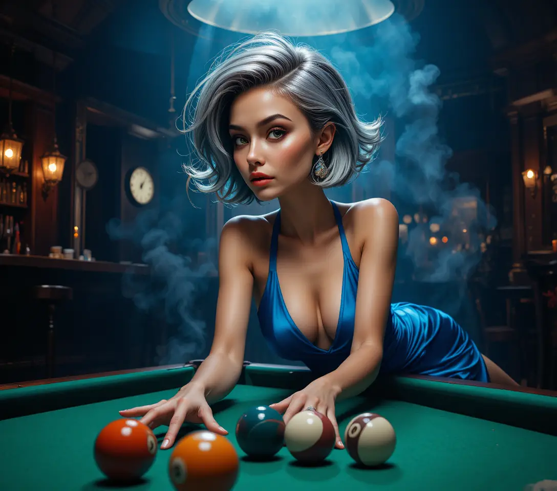 Femme élégante penchée sur une table de billard dans un bar à l’ambiance feutrée
