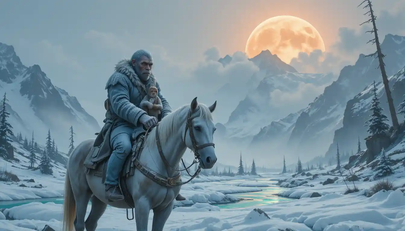 Armed ape riding a horse through a frozen mountain wilderness