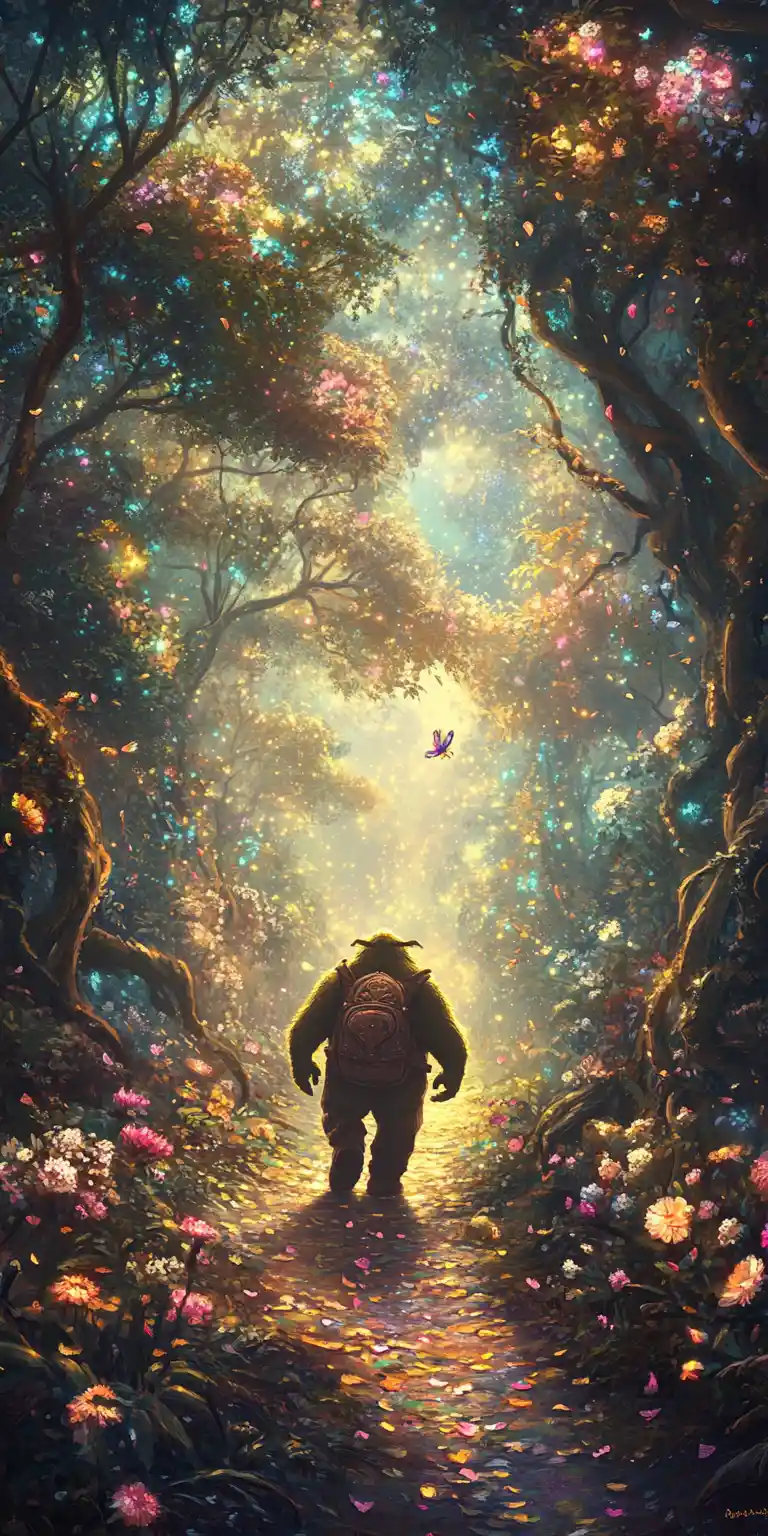 Orco che vaga lungo un sentiero luminoso in una foresta incantata