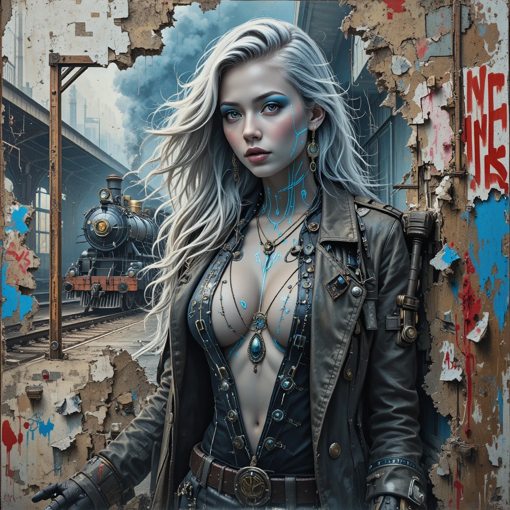 Cyberpunk woman fused with a crumbling train depot wall