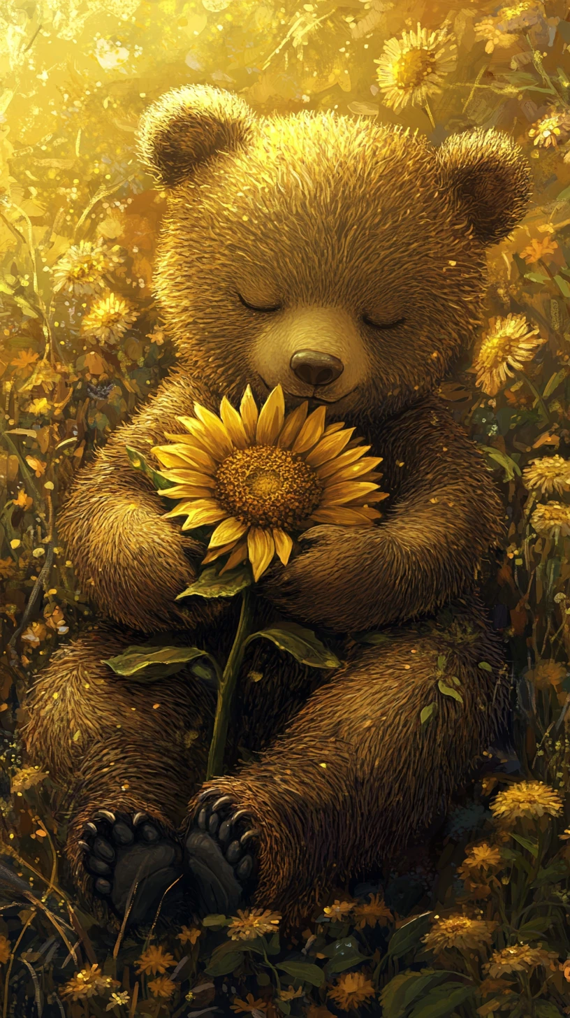 Baby bear hugging a sunflower in gentle golden light