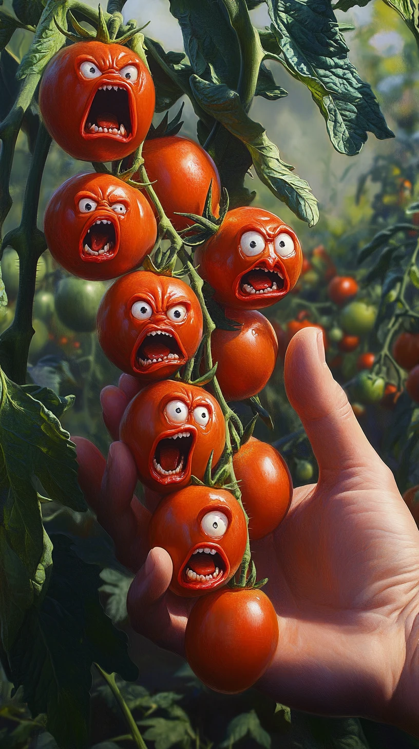 Close up tomatoes with screaming faces and reaching hand