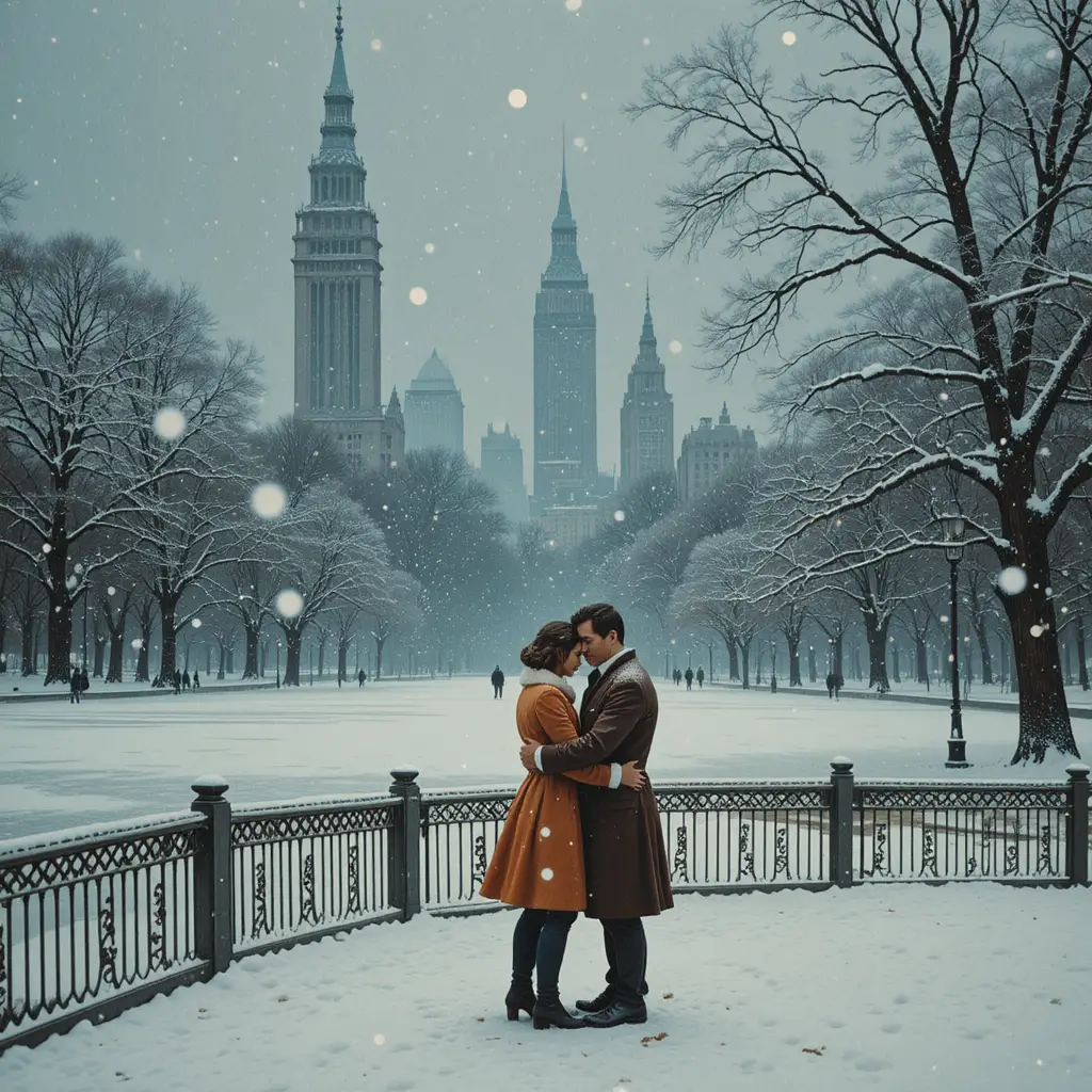 Couple Embracing Alone In Snowy Central Park Blizzard