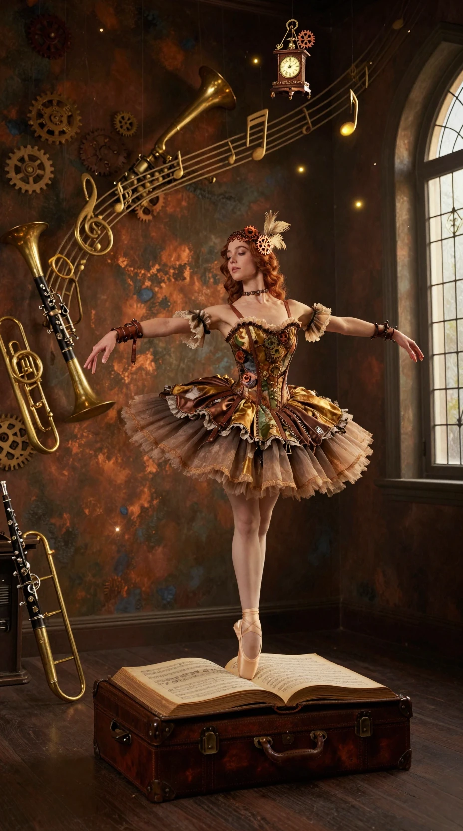 Bailarina steampunk sobre un libro de música gigante
