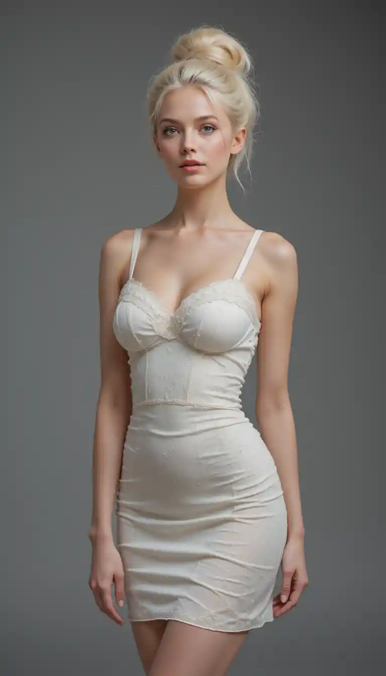 Young woman in white lace lingerie in studio pose