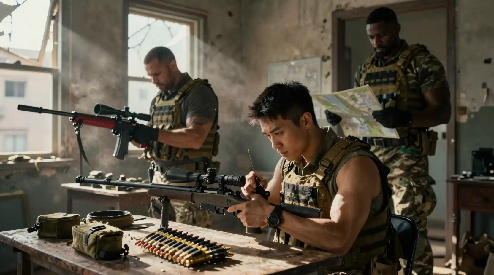 Soldier Cleaning Sniper Rifle In Ruined Urban Apartment