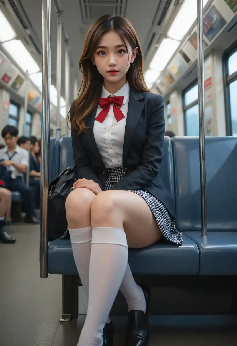 Japanese schoolgirl sitting on a train seat in uniform