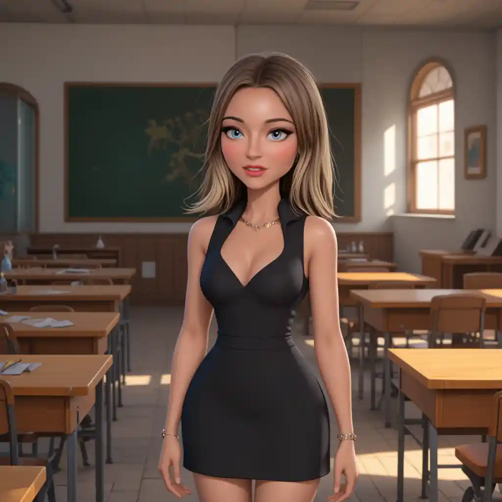 Smiling teacher in black dress standing in a classroom