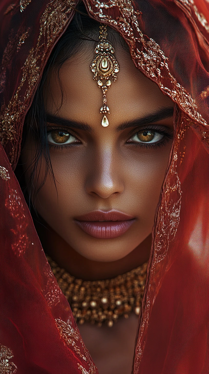 Mystérieuse Femme Indienne au Voile Rouge et aux Bijoux Dorés