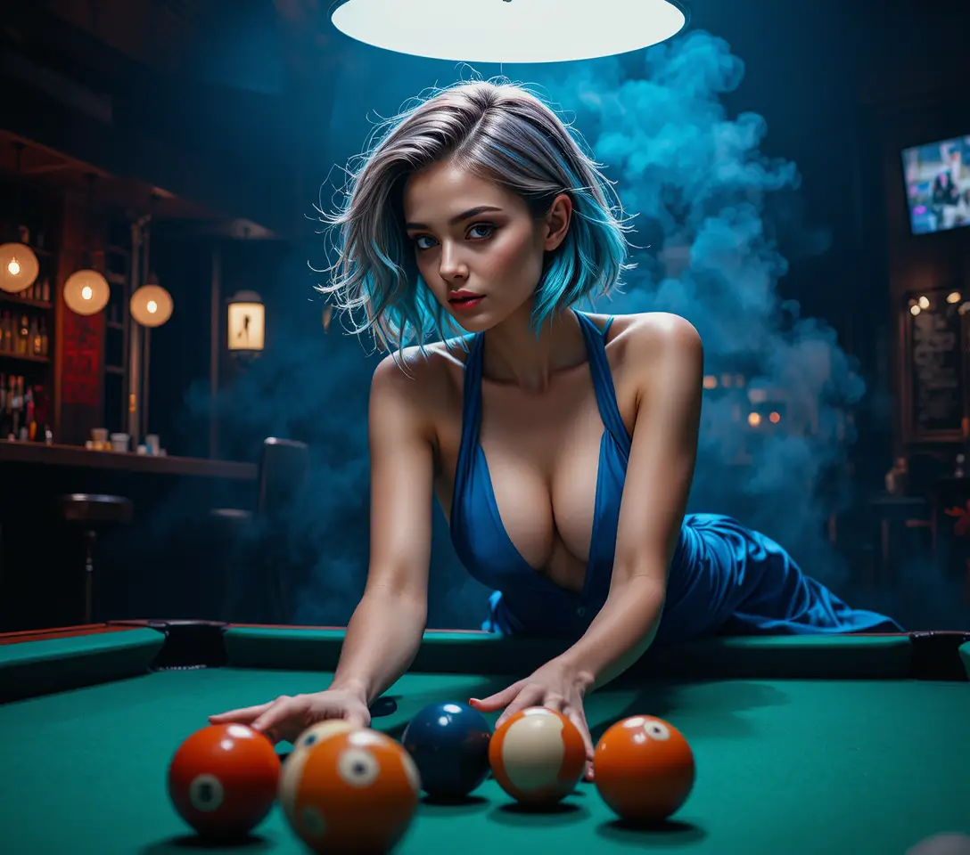 Femme élégante penchée sur une table de billard dans un bar à l’ambiance feutrée