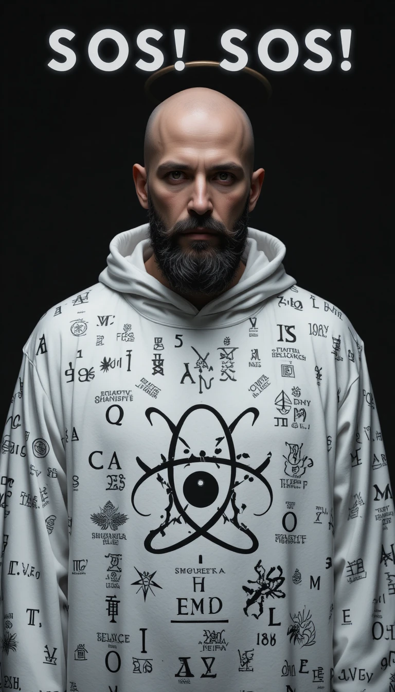 Bald man in halo robe with atomic symbol and SOS text
