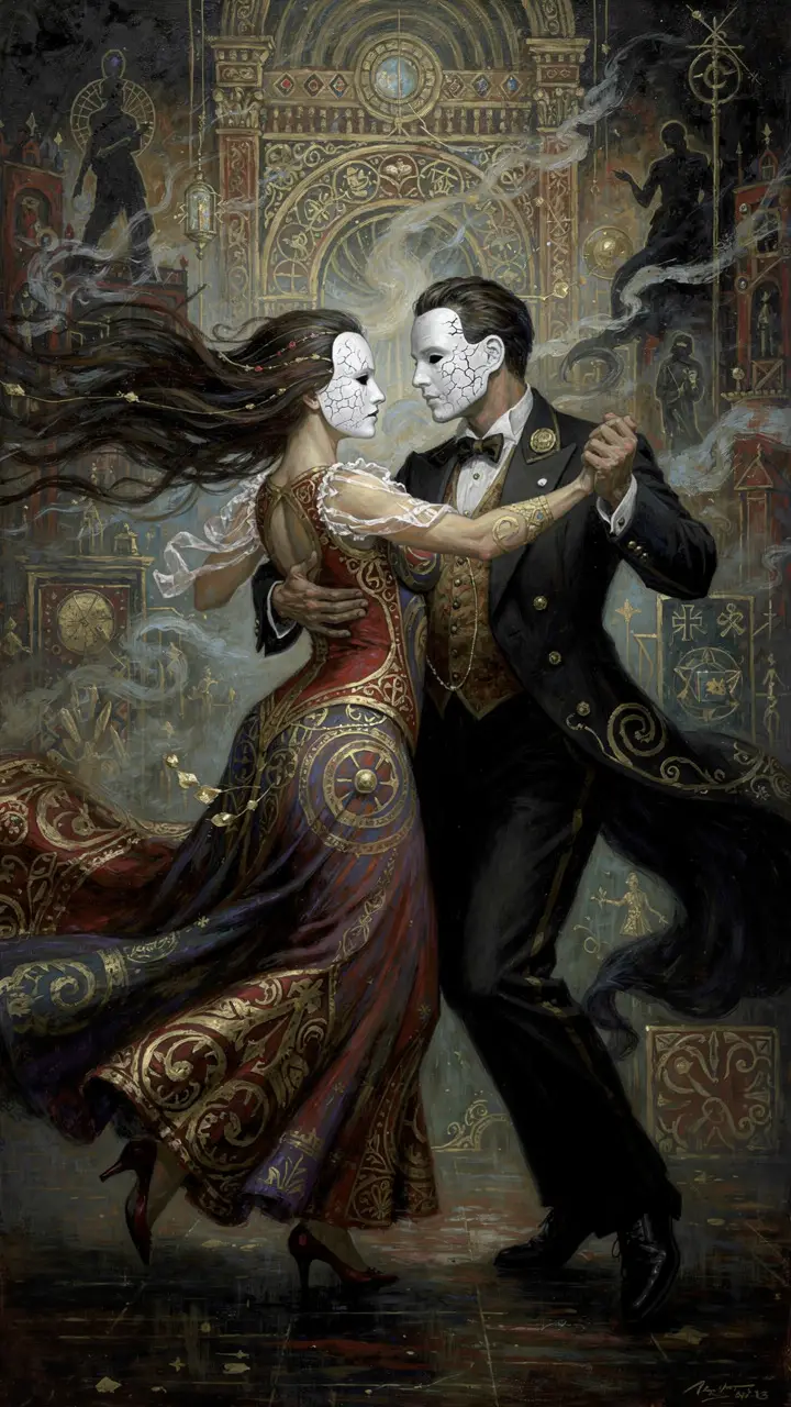 Masked couple in a surreal romantic dance with fluttering clothes