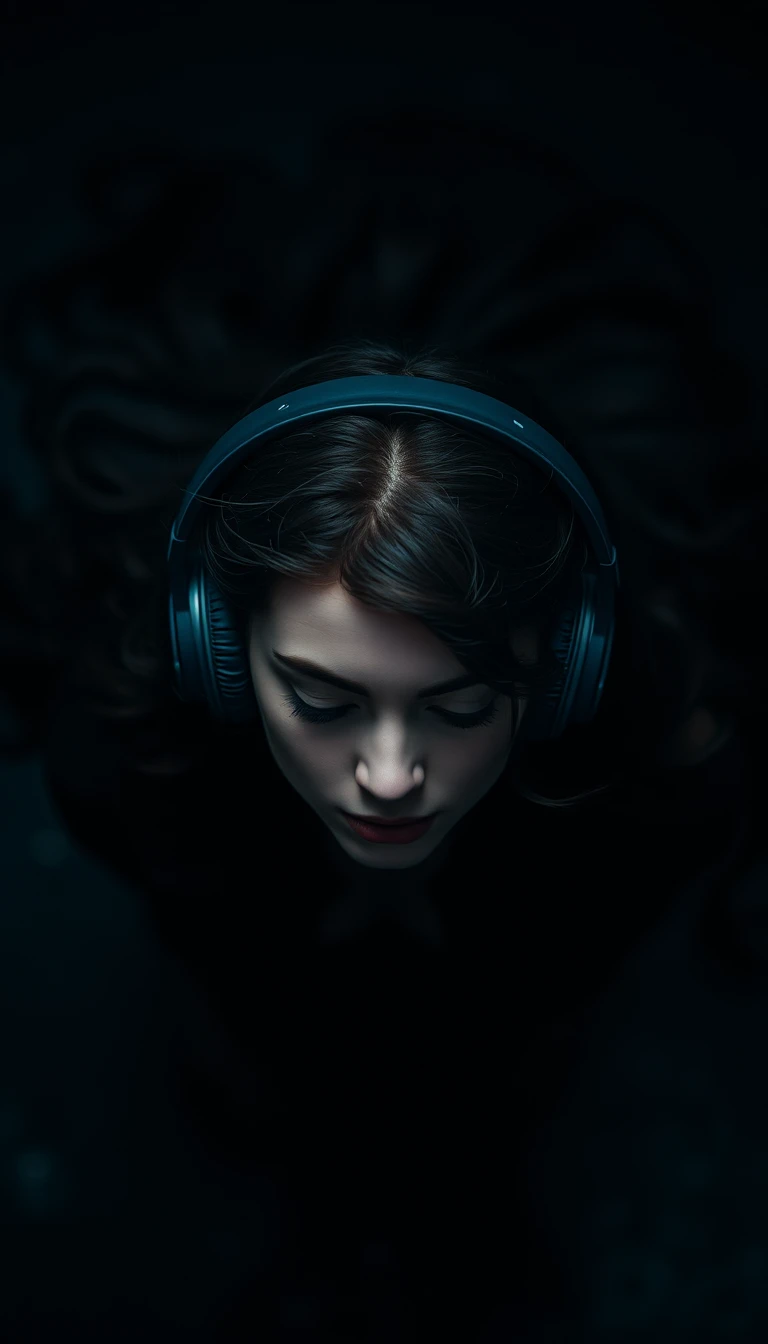 Woman listening to headphones in a quiet introspective moment