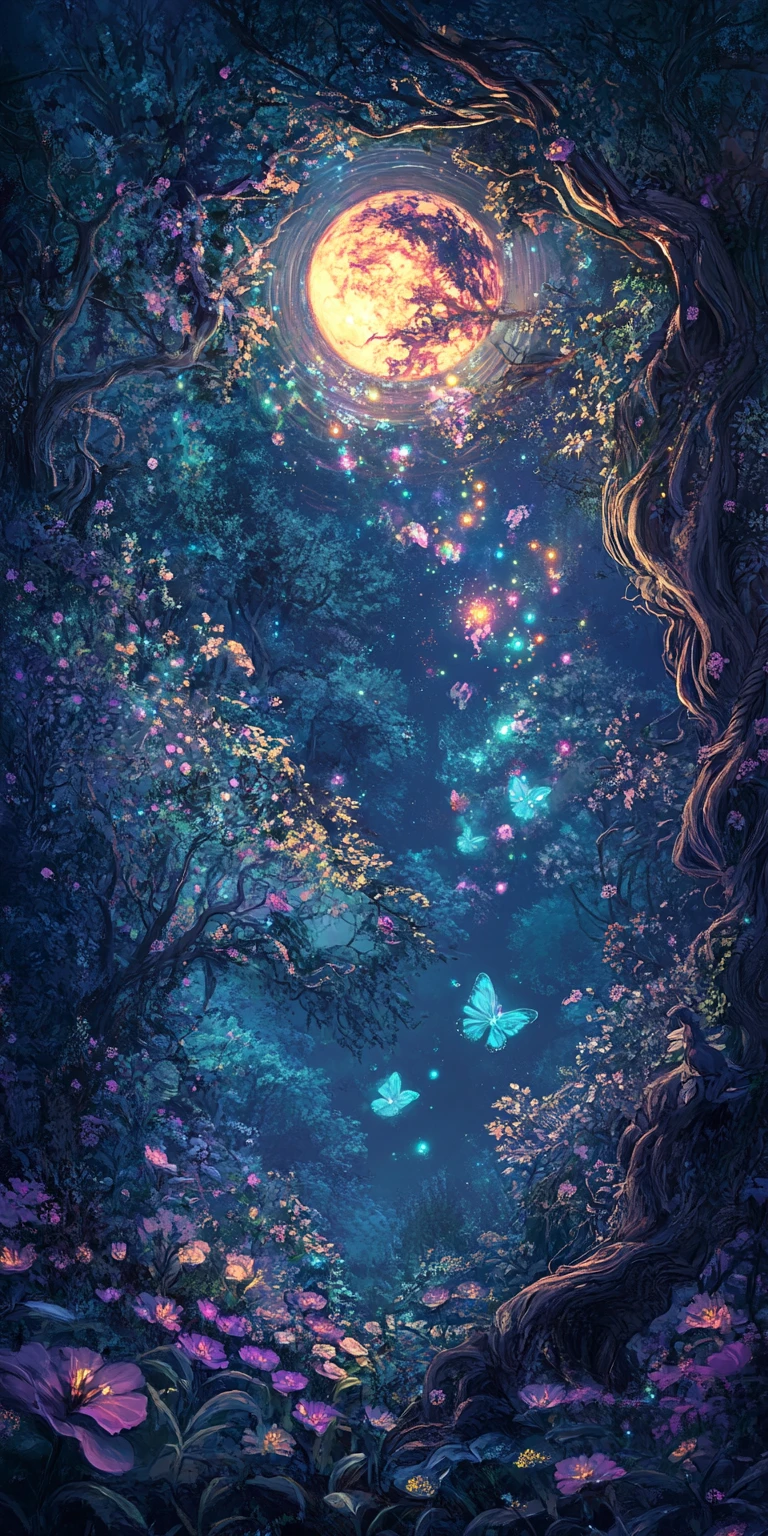 Tiny fairies spiral toward a glowing celestial orb