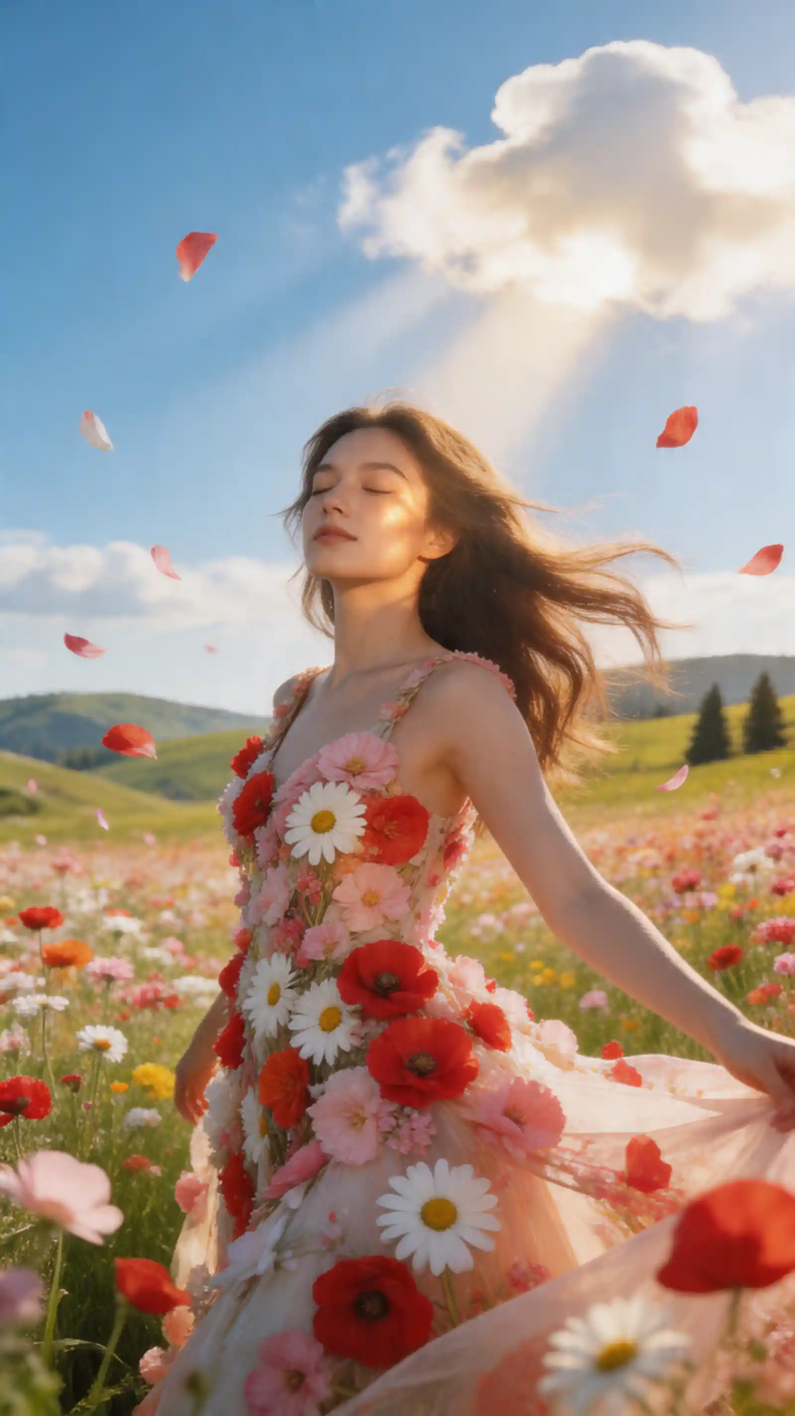 Young woman in a flower gown spinning in spring meadow