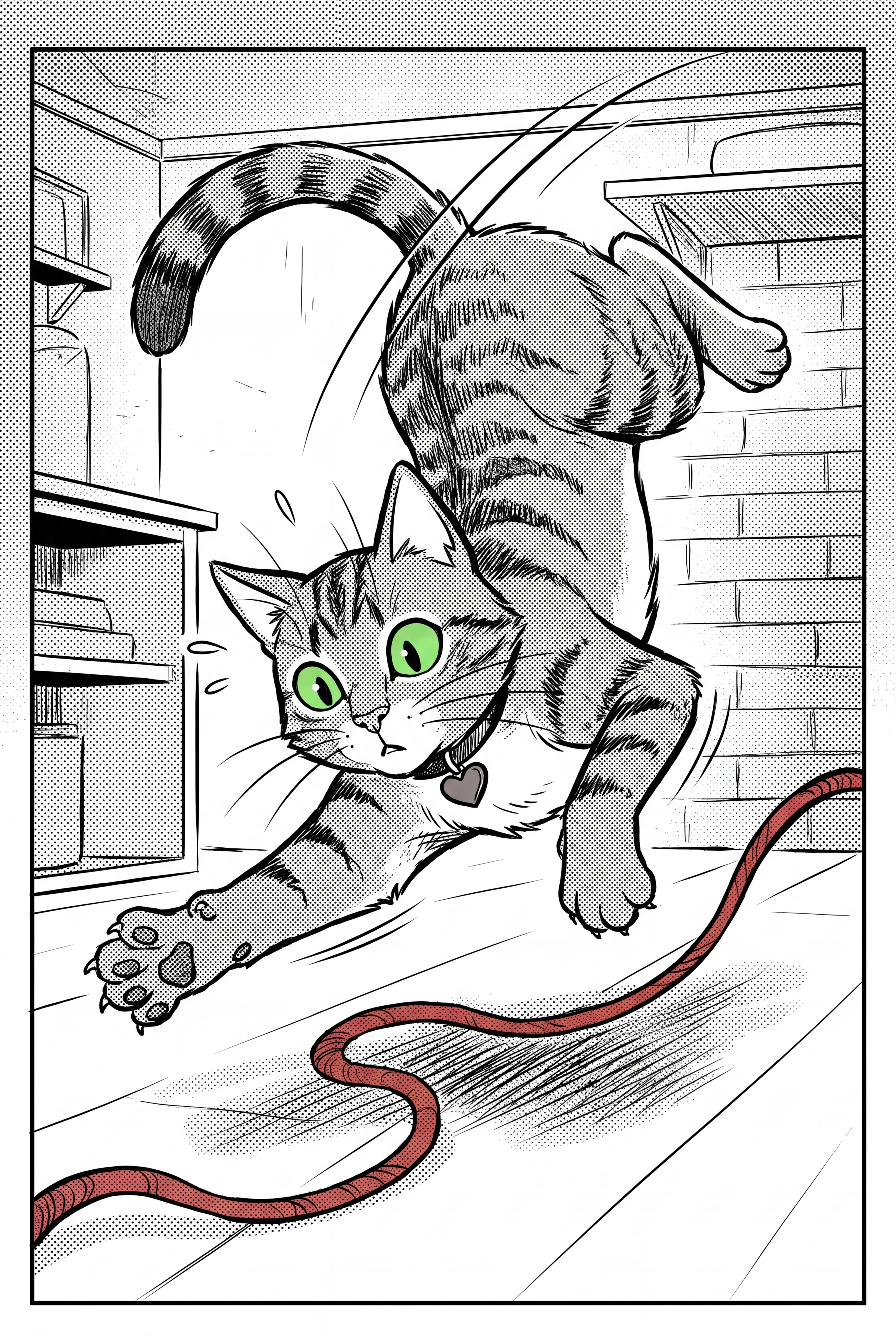 Chaton tigré joueur bondissant après un fil rouge dans un manga à l’encre
