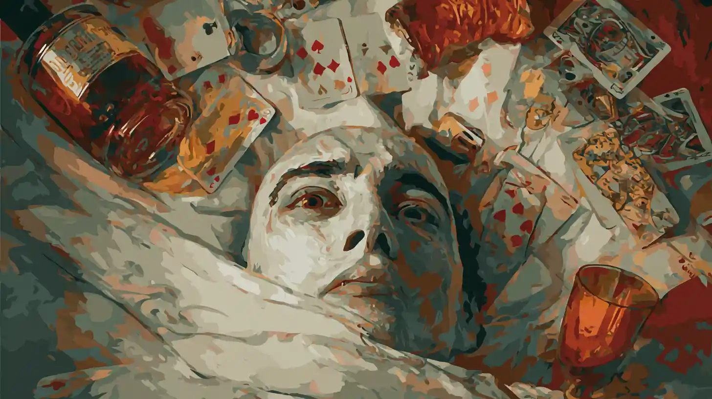 Surreal close up face on a bed haunted by demons
