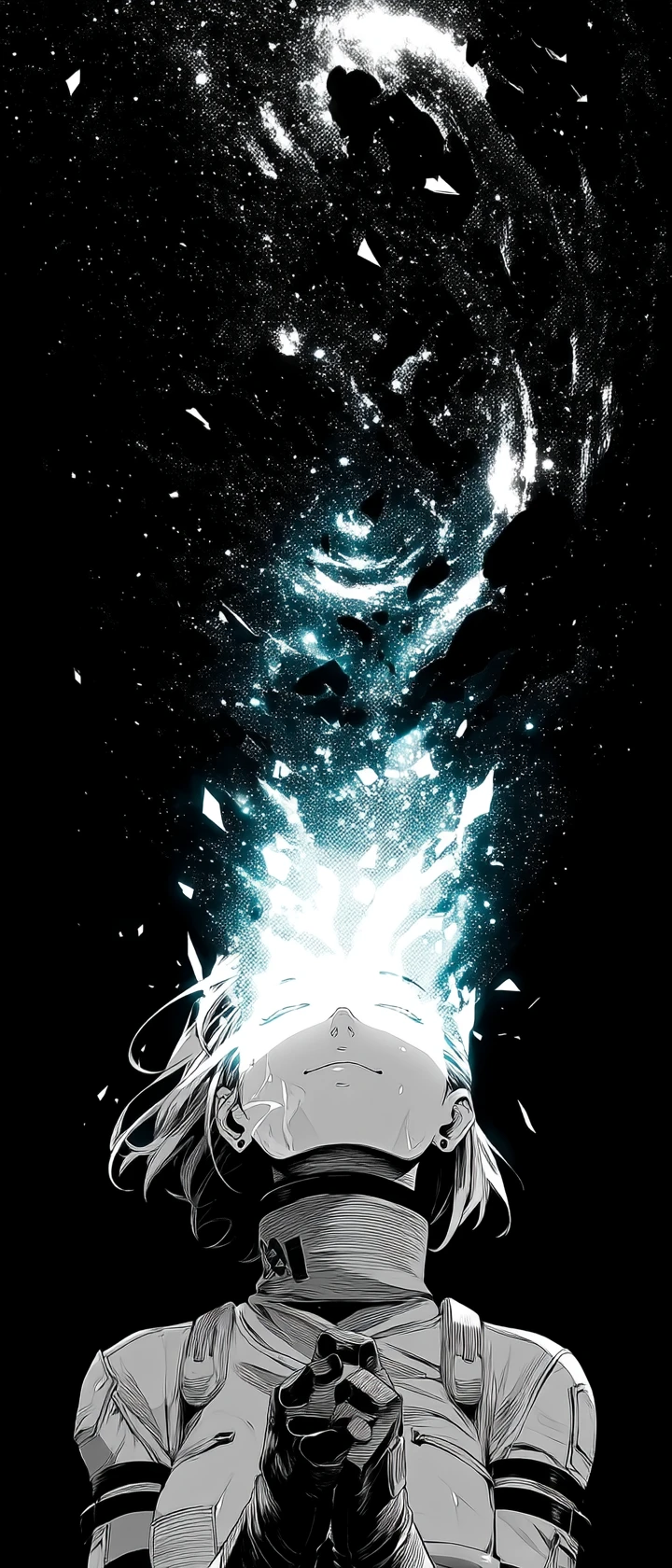 Guerrera de anime con máscara agrietada y galaxia interior