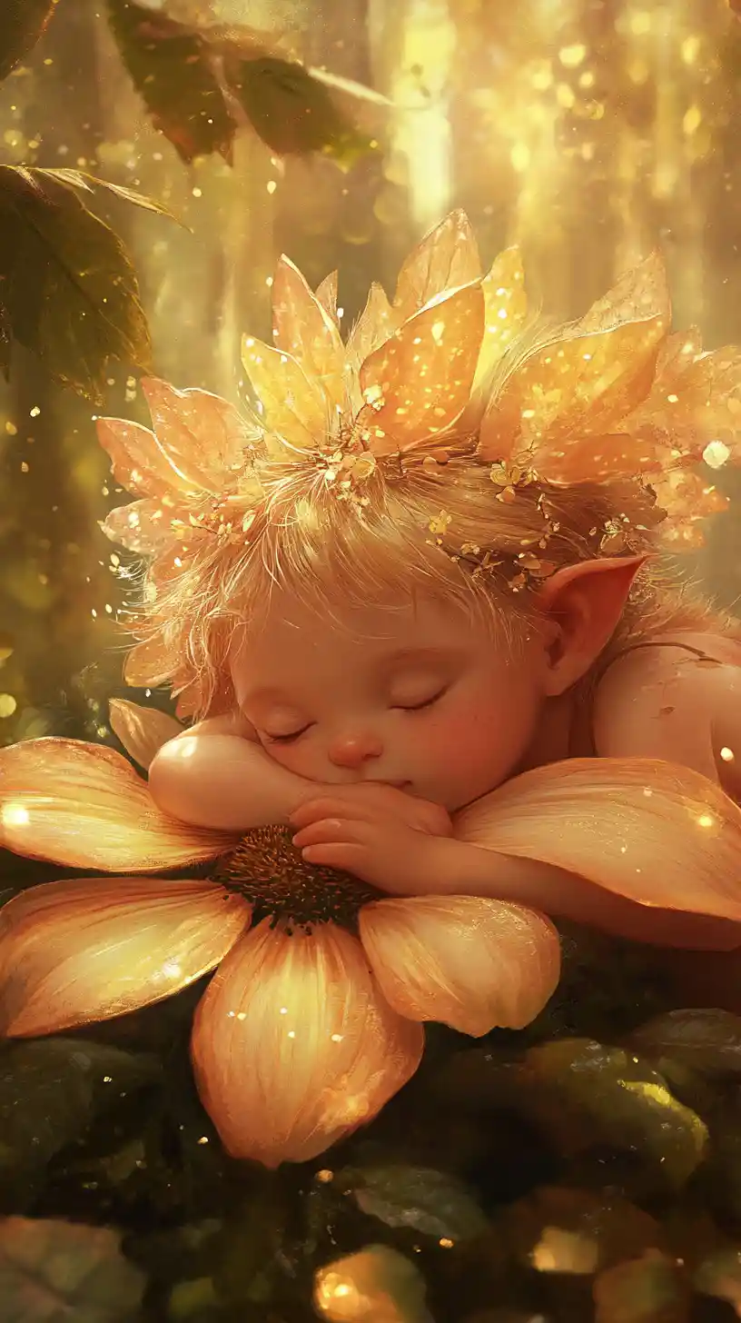 Young troll resting gently against a blooming forest flower