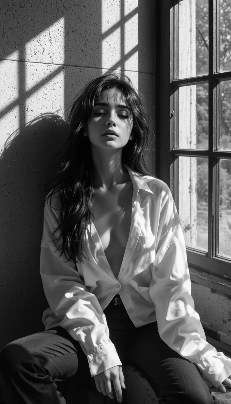 Moody black and white portrait of woman in window light