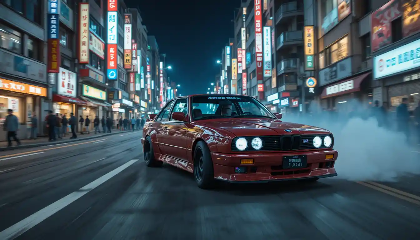 BMW old school derrapando pelas ruas de Tóquio à noite
