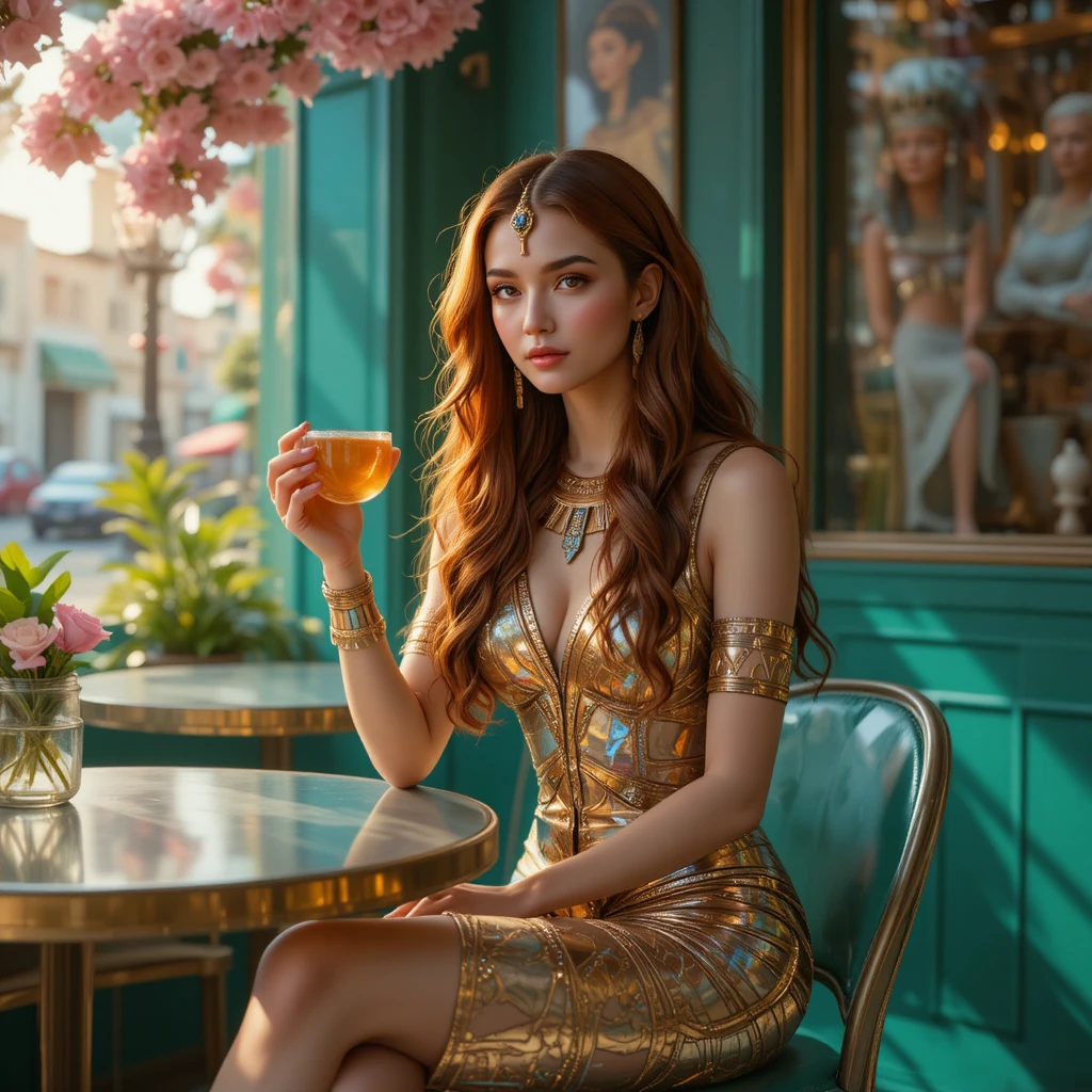 Futuristic Egyptian queen sipping coffee in a serene cafe