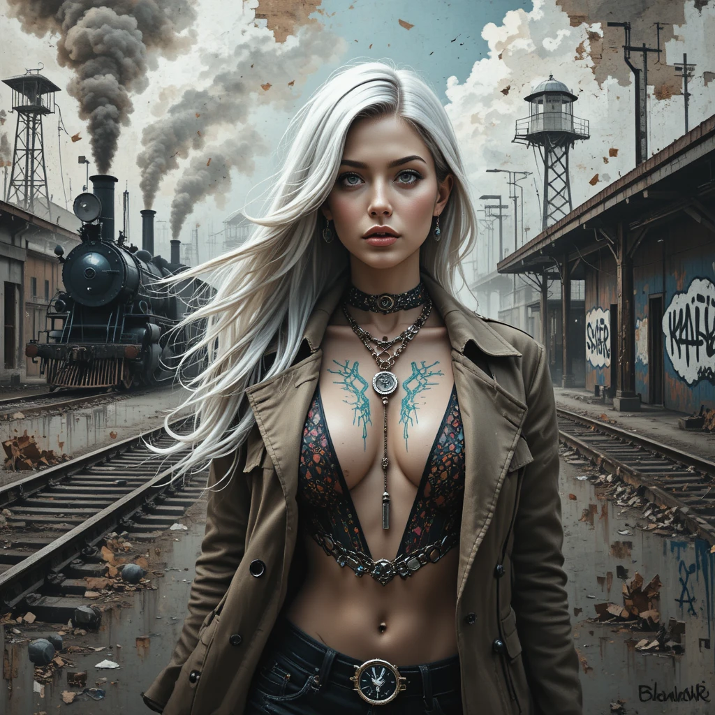 Cyberpunk woman fused with a crumbling train station wall