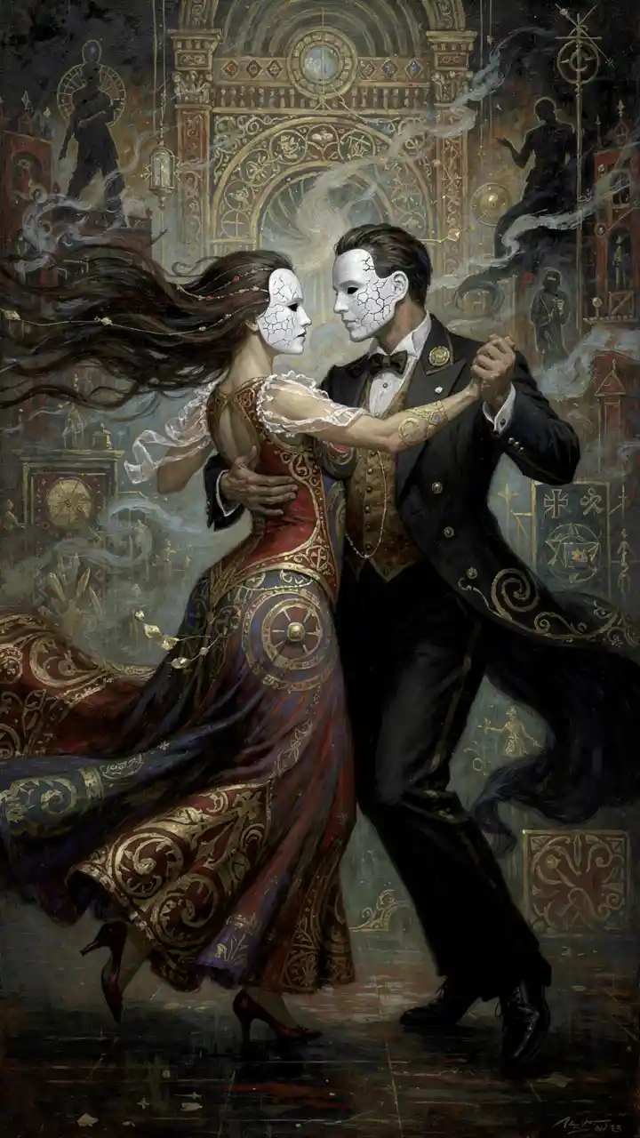 Masked couple in a surreal romantic dance with fluttering clothes