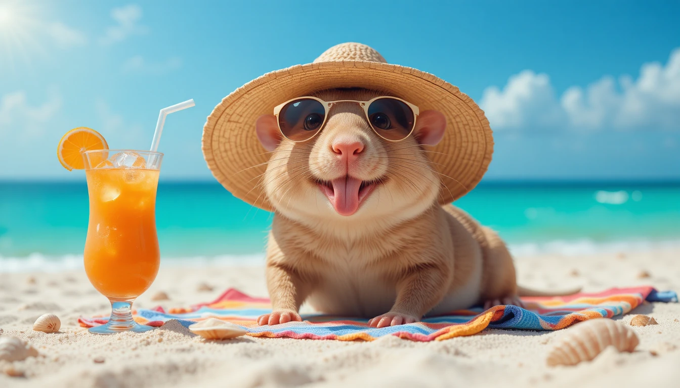 Cute beach rodent relaxing with cocktail under sunny sky
