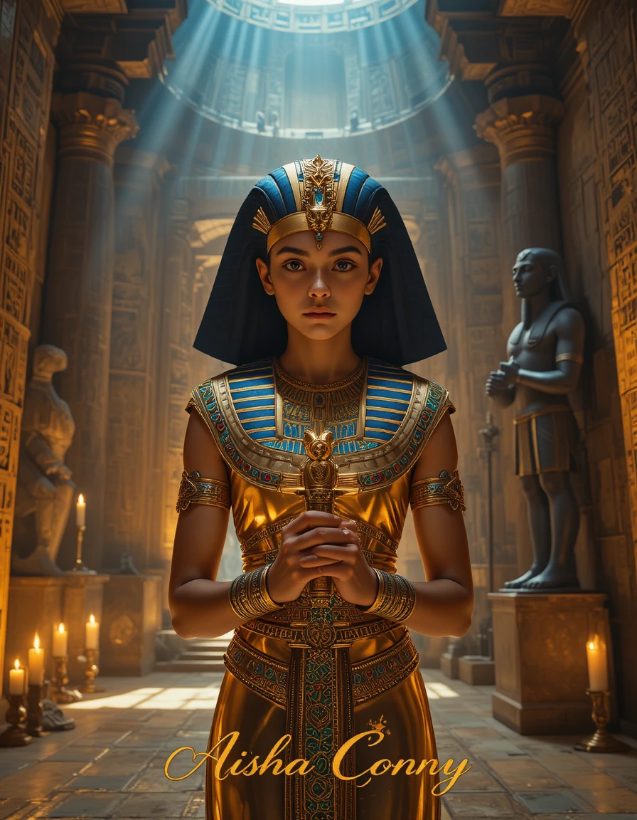 Young Egyptian pharaoh holding a golden ankh in candlelight