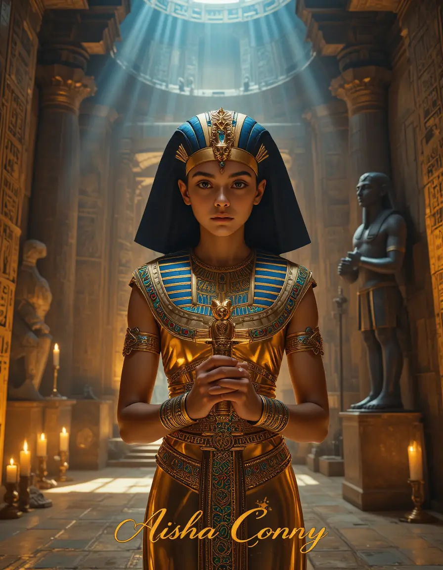 Young Egyptian pharaoh holding a golden ankh in candlelight