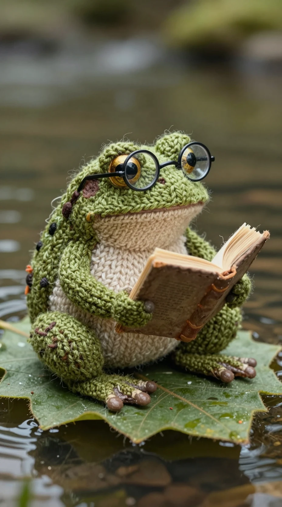 Rana tejida pensativa con libro sobre una hoja en el río