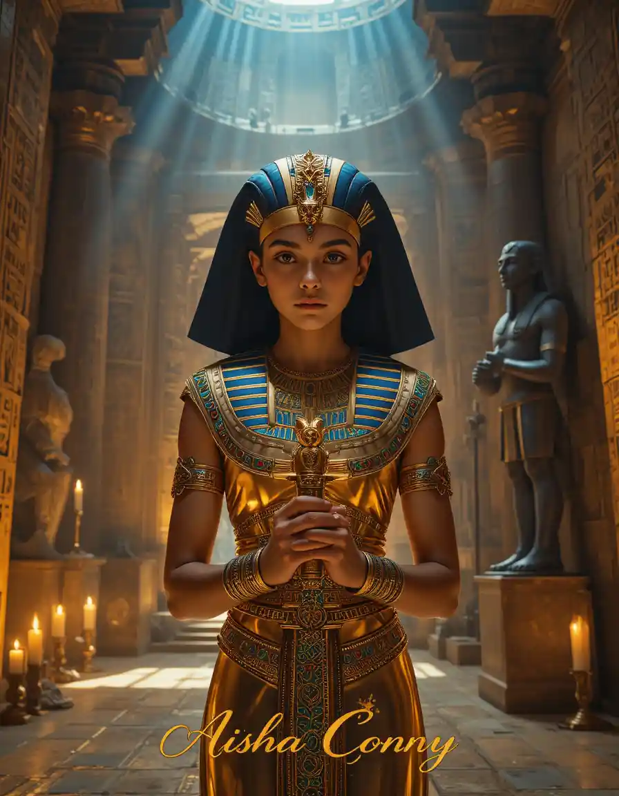 Young Egyptian pharaoh holding a golden ankh in candlelight