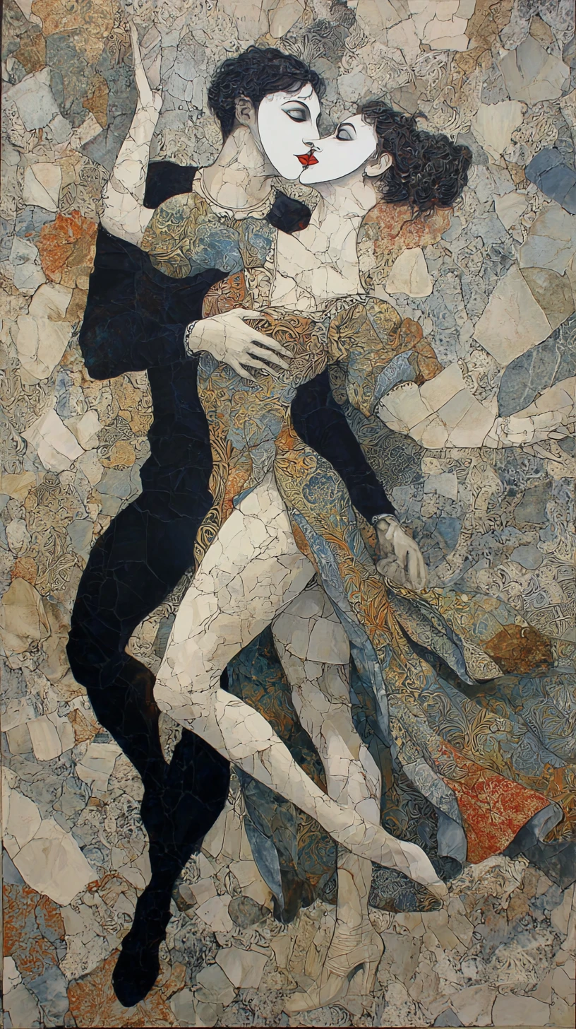 Masked couple in a surreal romantic dance with fluttering clothes