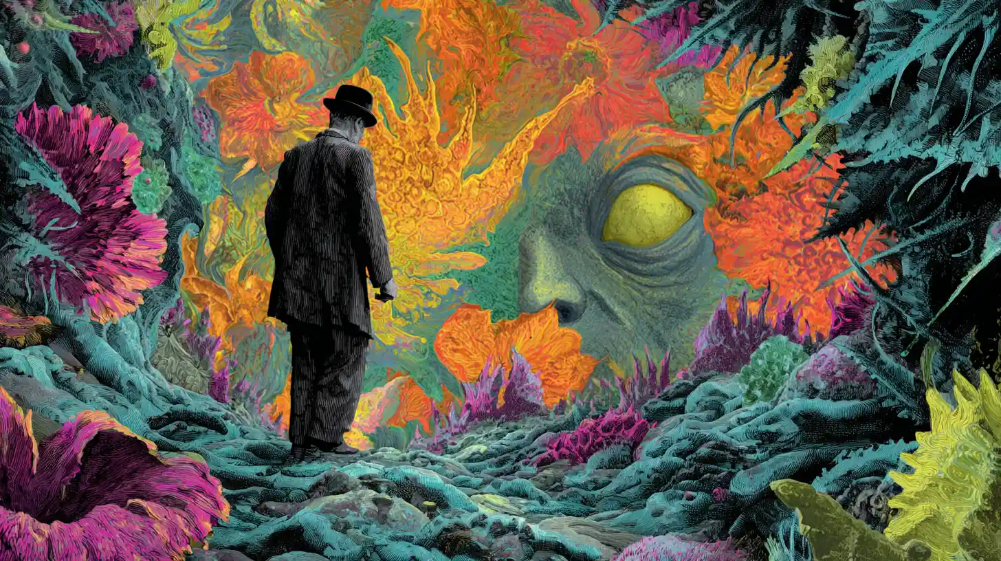 Surreal man in thorny flower garden with emerging face